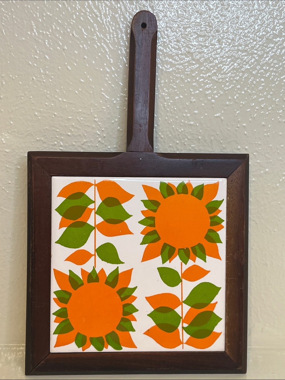 70’s Mid-Century Mod Sunflower Wall/Trivet, Orange & Green - Unbranded